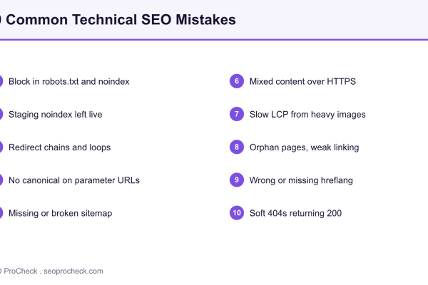 Numbered diagram listing ten common technical SEO mistakes in two columns, from blocking and noindexing the same URL to serving soft 404s with a 200 status code.