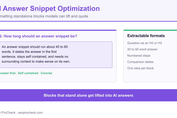 Diagram of an AI answer snippet showing a 40 to 60 word self contained answer and a list of extractable formats.