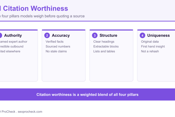 Diagram of AI citation worthiness showing the four pillars of authority, accuracy, structure, and uniqueness.