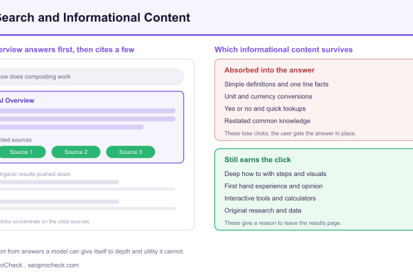 Mock search results page with an AI Overview and cited sources pushing organic results down, beside two lists showing which informational content gets absorbed into the answer and which still earns the click.