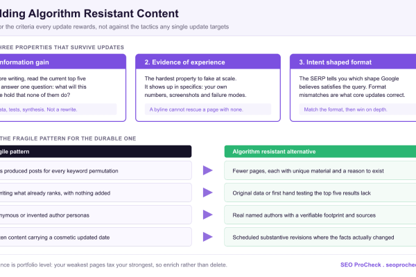 Diagram of algorithm resistant content showing the three properties that survive Google updates, information gain, evidence of experience and intent shaped format, paired with four fragile content patterns and their durable alternatives.
