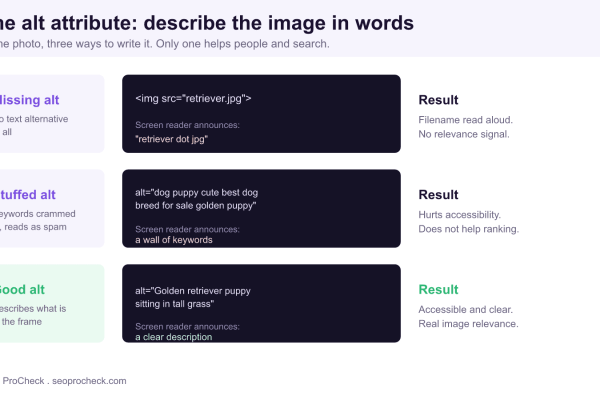 Comparison of three ways to write image alt text: a missing alt, a keyword stuffed alt, and a clear descriptive alt for the same golden retriever puppy photo.