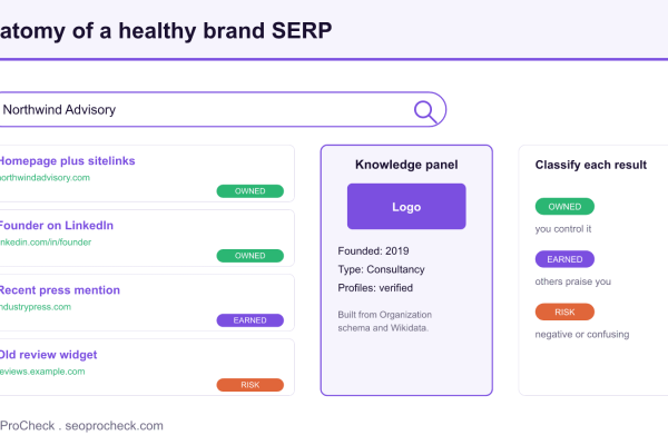 Mock brand SERP showing homepage sitelinks, a knowledge panel, and results classified as owned, earned, or risk.