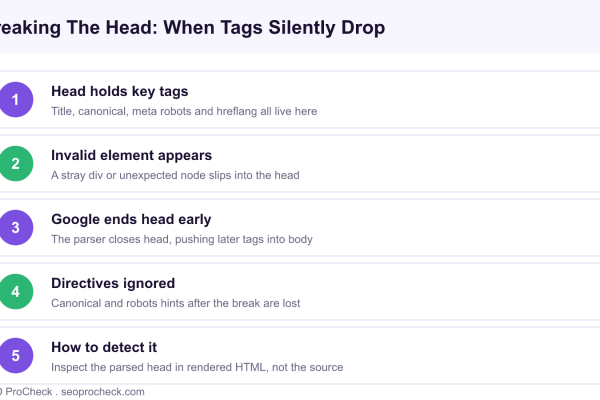 Diagram showing how invalid markup in the HTML head makes Google close the head early and silently drop canonical and robots directives.