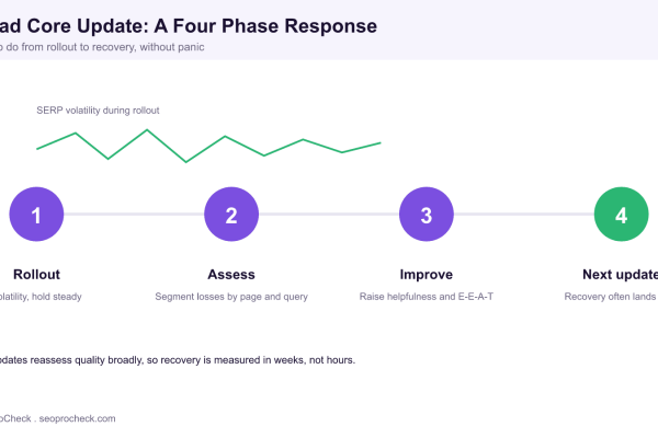 Four phase roadmap for responding to a Google broad core update, moving from rollout volatility through assessing losses and improving quality to recovery at the next update.