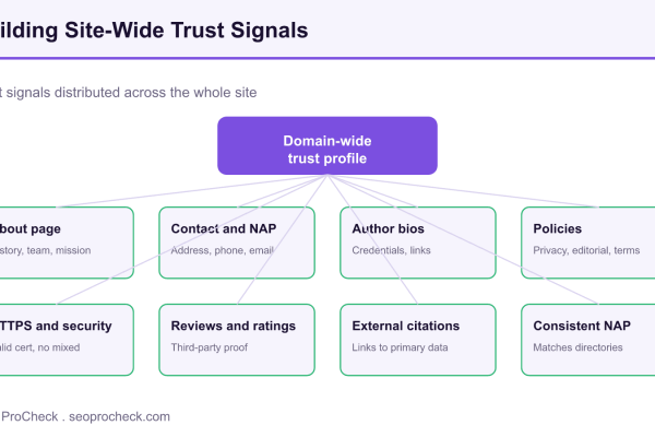 Site map diagram showing eight site-wide trust signals feeding into a single domain-wide trust profile.