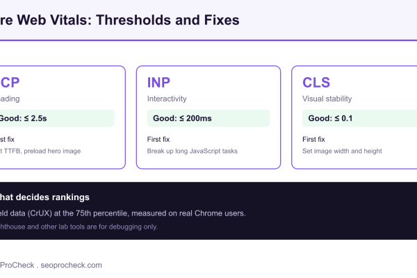 Diagram of the three Core Web Vitals, LCP, INP, and CLS, with their good thresholds and the first fix to try for each.