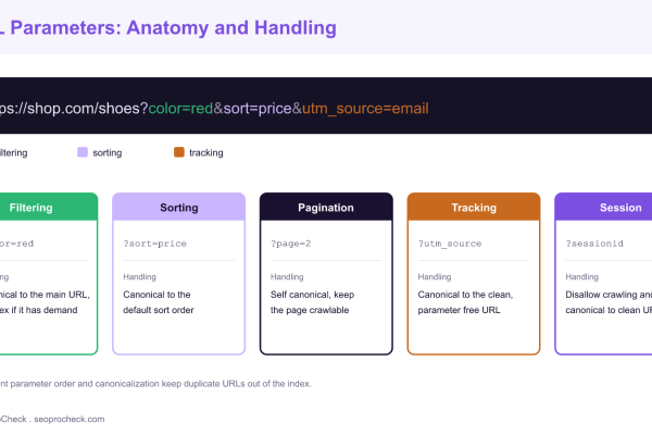 Diagram breaking down a URL with filtering, sorting, and tracking parameters, and five cards showing recommended handling for filtering, sorting, pagination, tracking, and session parameters.