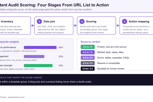 Four stage content audit scoring diagram covering inventory, data join, scoring and action mapping, with composite weights and five score to verdict bands.