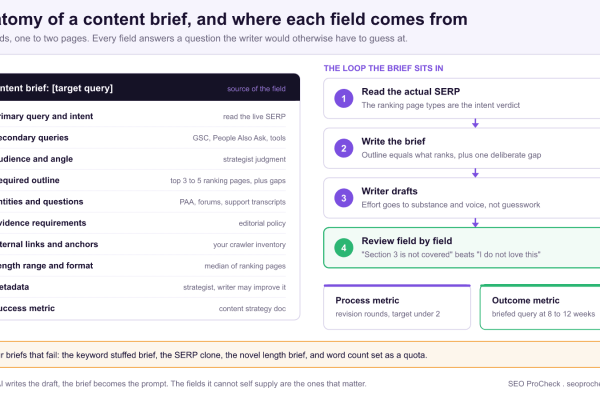 Diagram showing the ten fields of a content brief with the data source for each one, from primary query and intent through to the success metric, alongside the four step loop the brief sits in: read the live SERP, write the brief, the writer drafts, then review the draft field by field.