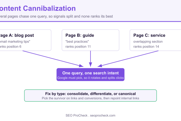 Diagram showing three seoprocheck pages competing for one email marketing query so ranking signals split and none reaches the top five results.
