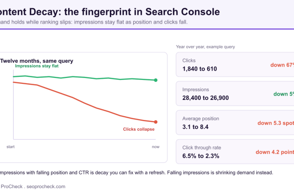Content decay chart showing impressions staying flat while clicks collapse over twelve months, beside example year over year deltas for clicks, impressions, average position, and click through rate.