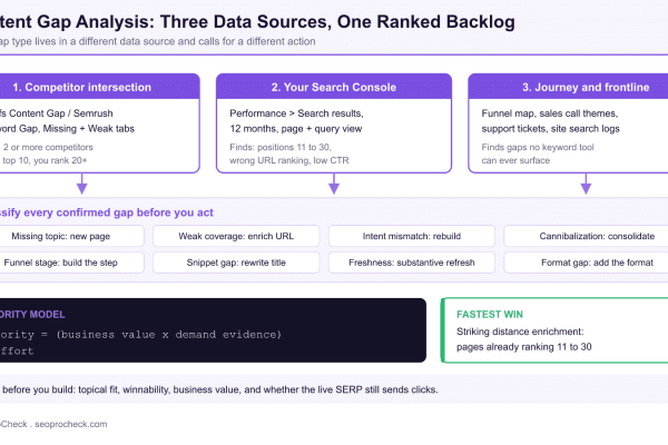 Diagram showing content gap analysis drawing on three data sources: competitor keyword intersection, your own Search Console data, and customer journey mapping, feeding eight gap classifications and a priority formula.