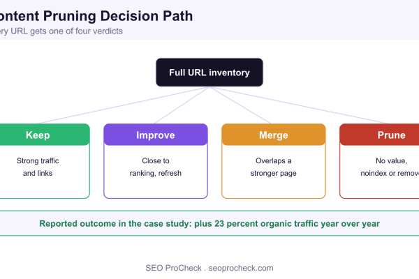 Content pruning decision path sorting every URL into keep, improve, merge, or prune, alongside a reported plus 23 percent year over year traffic outcome.