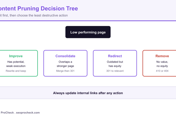 Decision tree for content pruning showing whether to improve, consolidate, redirect, or remove a low performing page.