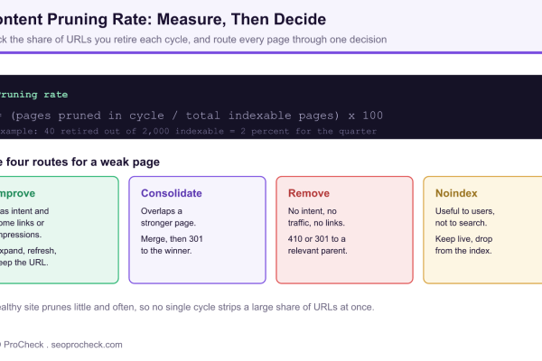 Diagram defining content pruning rate as pruned pages divided by total indexable pages, with four routes for a weak page: improve, consolidate, remove, noindex.