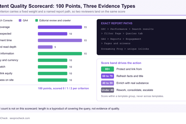 Weighted content quality scorecard listing nine criteria totalling 100 points, colour coded by evidence source, with exact Search Console and GA4 report paths and four score bands.