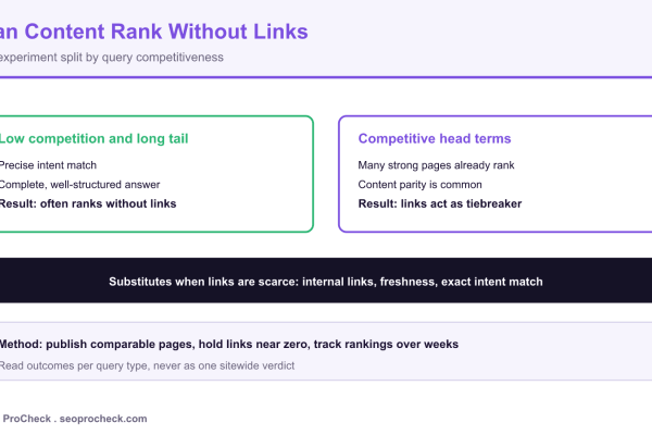 Two query paths showing quality content ranking without backlinks on low competition terms and needing links on competitive terms.