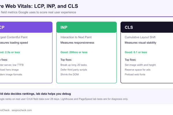 Diagram of the three Core Web Vitals, LCP for loading, INP for responsiveness, and CLS for visual stability, with good thresholds and top fixes for each.