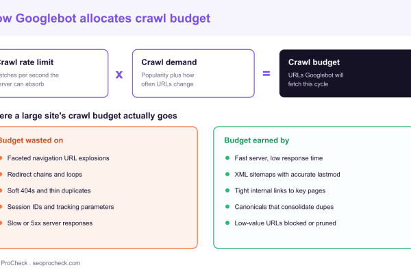 Diagram showing crawl budget as crawl rate limit times crawl demand, with the URL patterns that waste a large site's Googlebot crawl budget beside the practices that earn more efficient crawling.