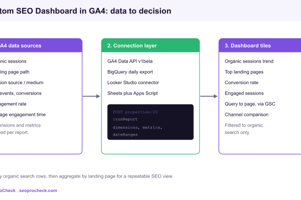 Three stage pipeline showing GA4 organic search data sources flowing through the GA4 Data API and BigQuery export into a custom Looker Studio dashboard of SEO tiles.
