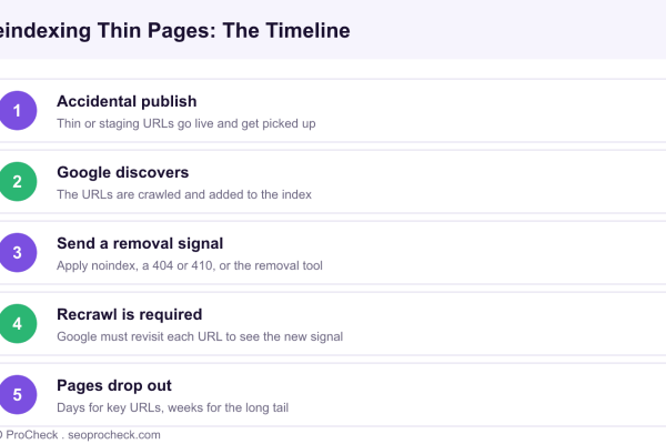 Diagram of the deindexing timeline for accidentally published thin content, from discovery through a removal signal to dropping out of the index.