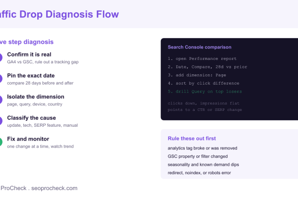 Five step traffic drop diagnosis flow covering confirm, date, dimension, cause, and fix, beside a Search Console comparison method and a checklist of false alarms to rule out first.