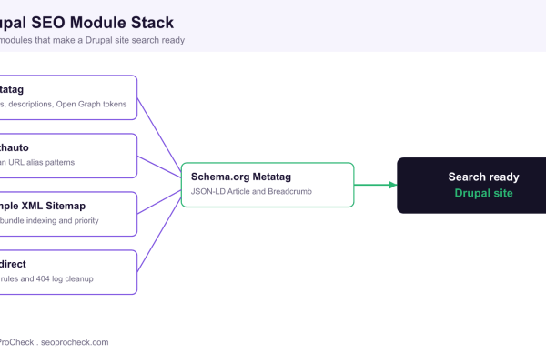 Diagram of the core Drupal SEO modules Metatag, Pathauto, Simple XML Sitemap, Redirect and Schema.org Metatag feeding into a search ready Drupal site.