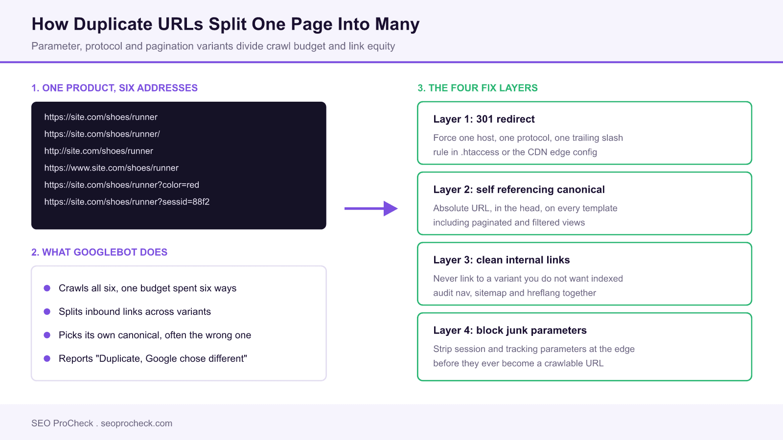 Technical seo case study: duplicate urls are a silent seo killer 4 Diagram showing one product page reachable through six duplicate url variants, how googlebot splits crawl budget and link equity across them, and the four fix layers: 301 redirects, self referencing canonicals, clean internal links and parameter blocking at the edge.