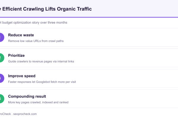 Diagram of four crawl budget optimization steps that lift organic traffic: reduce waste, prioritize, improve speed and a compounding result.