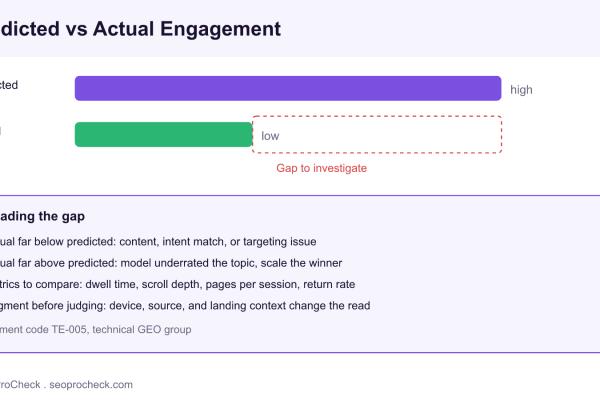 Diagram of engagement prediction accuracy comparing predicted engagement against actual analytics for a page, showing the gap that signals content or targeting issues.