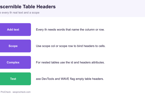 Diagram of four fixes for accessible table headers: add descriptive text to every th, set a scope, use id and headers for complex tables, and test with axe and WAVE.