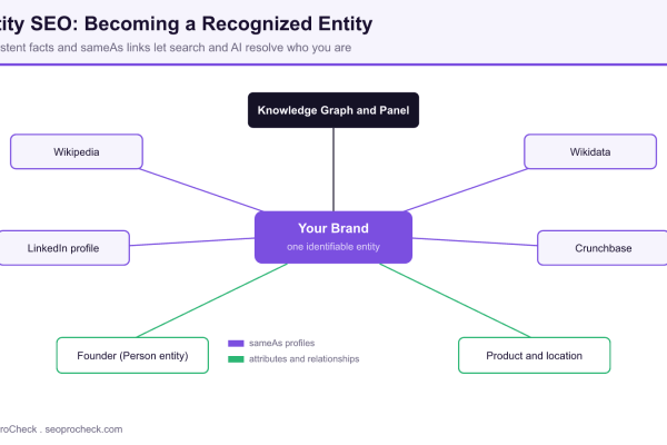 Knowledge graph style diagram with Your Brand as a central entity connected by sameAs links to Wikipedia, Wikidata, LinkedIn, and Crunchbase, and by attribute edges to its founder, product, and location.