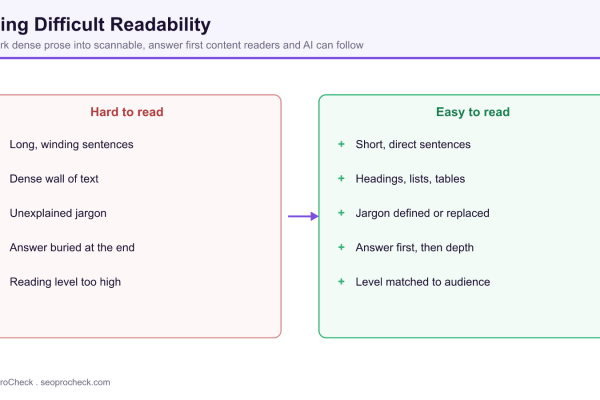 Before and after diagram turning hard to read dense prose into short sentences, lists, defined jargon, and answer first content.