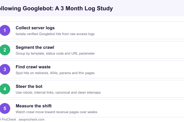 Diagram outlining a five step Googlebot log file study, from collecting server logs to steering crawl toward revenue pages.
