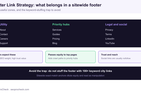 Annotated sitewide footer showing three useful link zones, utility links, priority hub links, and legal and social links, with a warning against stuffing the footer with keyword-rich city links.