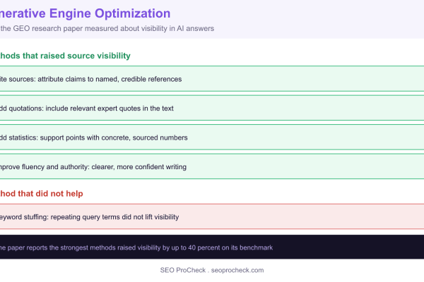 Diagram of the generative engine optimization method categories tested in the GEO research paper and how they affected source visibility in AI answers.