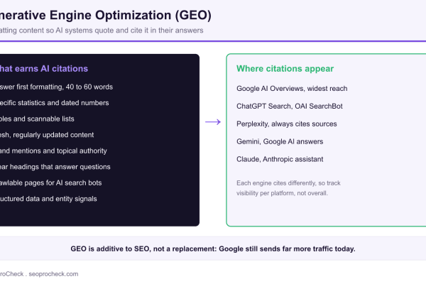 Diagram of Generative Engine Optimization showing content signals that earn AI citations on the left and the AI engines where citations appear on the right.