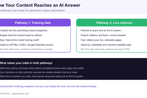 Diagram comparing two ways content reaches an AI answer: the training data pathway as a fixed pretraining snapshot and the live retrieval pathway fetched at query time, with tactics that improve inclusion in both.