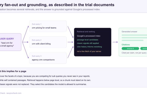 Diagram of the query fan-out pipeline described in Google antitrust trial documents, showing one user query splitting into three sub queries, retrieval and ranking against Google's processed index, and a generated answer with per claim citations.