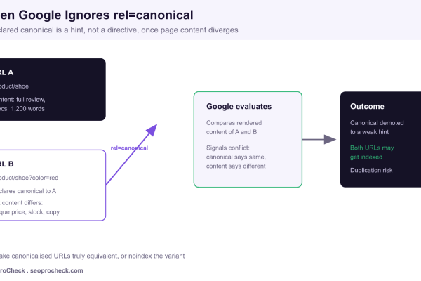 Diagram showing how Google treats a rel=canonical as a hint when URL A and URL B have different content, leading to both URLs being indexed