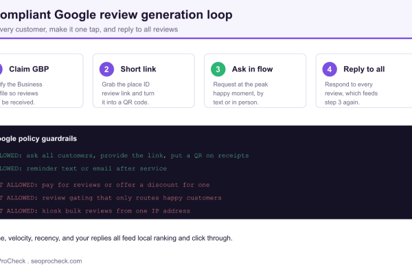 Four step Google review generation loop, claim the Business Profile, build a short review link, ask customers in flow, and reply to all reviews, with a panel of Google policy guardrails.