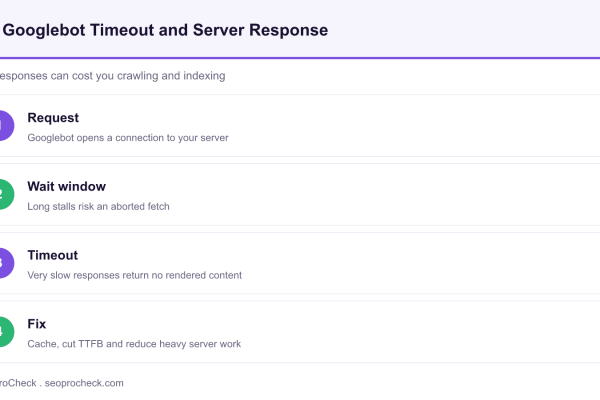 Diagram of the Googlebot request timeout sequence: request, wait window, timeout and the fix for slow server response.