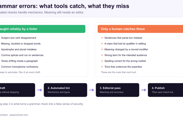Comparison of grammar errors caught reliably by an automated linter, such as agreement and comma splices, against errors only a human editor catches, such as sentences that parse but mislead, above a four step draft, lint, edit and publish workflow.