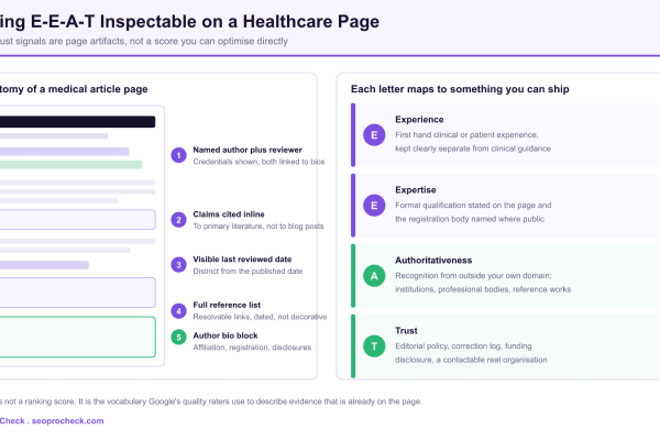 Diagram showing the anatomy of a healthcare article page with numbered callouts for the author and medical reviewer byline, inline citations, last reviewed date, reference list and author bio, next to a panel mapping Experience, Expertise, Authoritativeness and Trust to concrete artifacts a publisher can ship.