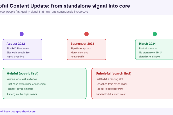 Timeline of the Helpful Content Update from August 2022 to March 2024 folding into core, with people first versus search first content traits.