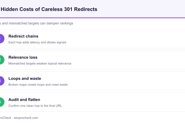 Diagram of the hidden costs of careless 301 redirects: redirect chains, relevance loss, loops and waste, plus audit and flatten.