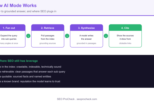 Pipeline diagram of how Google AI Mode works: a user query is expanded by fan out, passages are retrieved from the index, a model synthesises an answer, and sources are cited back to the user.