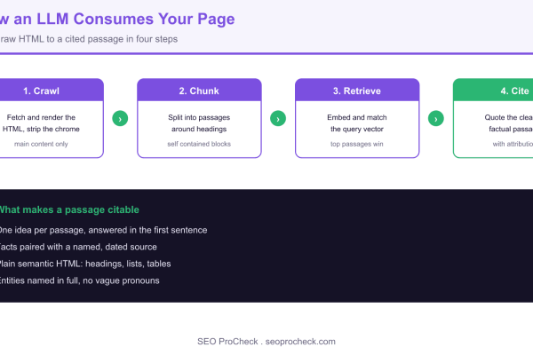 Diagram of how a large language model consumes a web page: crawl the HTML, split into passages, embed and retrieve, then cite a self contained factual chunk.
