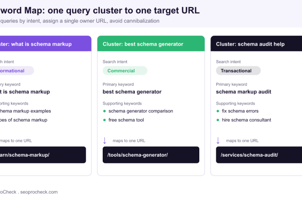 Keyword map diagram showing three query clusters grouped by informational, commercial, and transactional intent, each mapped to one owner URL.